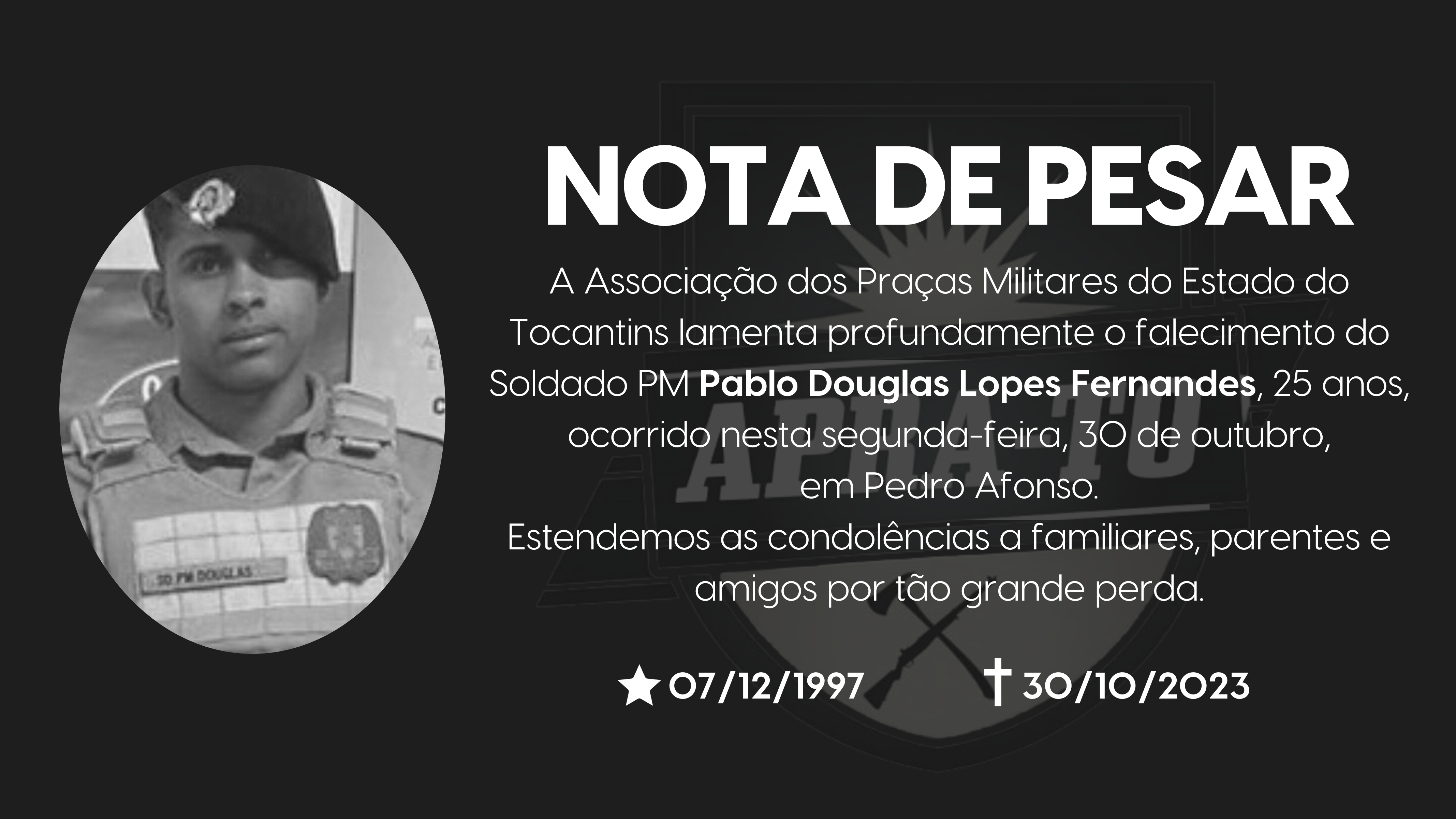 APRA lamenta a morte do SD PM Pablo Douglas